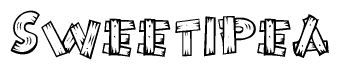 The image contains the name Sweetipea written in a decorative, stylized font with a hand-drawn appearance. The lines are made up of what appears to be planks of wood, which are nailed together