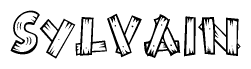 The clipart image shows the name Sylvain stylized to look as if it has been constructed out of wooden planks or logs. Each letter is designed to resemble pieces of wood.
