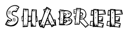 The image contains the name Shabree written in a decorative, stylized font with a hand-drawn appearance. The lines are made up of what appears to be planks of wood, which are nailed together