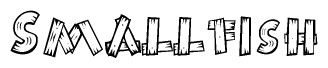 The image contains the name Smallfish written in a decorative, stylized font with a hand-drawn appearance. The lines are made up of what appears to be planks of wood, which are nailed together