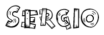 The image contains the name Sergio written in a decorative, stylized font with a hand-drawn appearance. The lines are made up of what appears to be planks of wood, which are nailed together