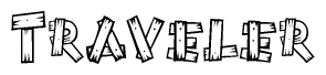 The image contains the name Traveler written in a decorative, stylized font with a hand-drawn appearance. The lines are made up of what appears to be planks of wood, which are nailed together