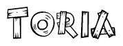 The image contains the name Toria written in a decorative, stylized font with a hand-drawn appearance. The lines are made up of what appears to be planks of wood, which are nailed together