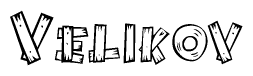 The image contains the name Velikov written in a decorative, stylized font with a hand-drawn appearance. The lines are made up of what appears to be planks of wood, which are nailed together
