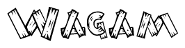 The image contains the name Wagam written in a decorative, stylized font with a hand-drawn appearance. The lines are made up of what appears to be planks of wood, which are nailed together