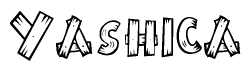 The clipart image shows the name Yashica stylized to look like it is constructed out of separate wooden planks or boards, with each letter having wood grain and plank-like details.