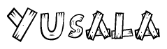 The clipart image shows the name Yusala stylized to look like it is constructed out of separate wooden planks or boards, with each letter having wood grain and plank-like details.