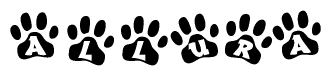 The image shows a row of animal paw prints, each containing a letter. The letters spell out the word Allura within the paw prints.