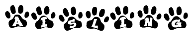 The image shows a series of animal paw prints arranged in a horizontal line. Each paw print contains a letter, and together they spell out the word Aisling.