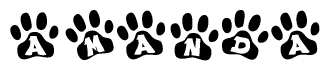 The image shows a row of animal paw prints, each containing a letter. The letters spell out the word Amanda within the paw prints.
