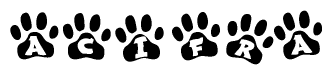 The image shows a row of animal paw prints, each containing a letter. The letters spell out the word Acifra within the paw prints.
