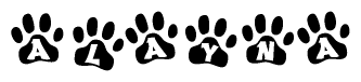 The image shows a series of animal paw prints arranged in a horizontal line. Each paw print contains a letter, and together they spell out the word Alayna.