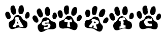 The image shows a series of animal paw prints arranged in a horizontal line. Each paw print contains a letter, and together they spell out the word Astric.