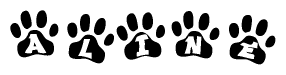 The image shows a row of animal paw prints, each containing a letter. The letters spell out the word Aline within the paw prints.