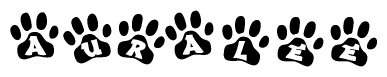 The image shows a series of animal paw prints arranged in a horizontal line. Each paw print contains a letter, and together they spell out the word Auralee.