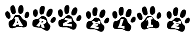 The image shows a series of animal paw prints arranged horizontally. Within each paw print, there's a letter; together they spell Arzelie