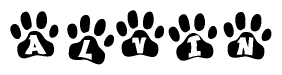 The image shows a series of animal paw prints arranged horizontally. Within each paw print, there's a letter; together they spell Alvin