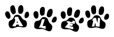 The image shows a row of animal paw prints, each containing a letter. The letters spell out the word Alen within the paw prints.