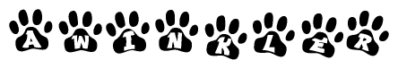 The image shows a series of animal paw prints arranged in a horizontal line. Each paw print contains a letter, and together they spell out the word Awinkler.