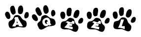 The image shows a series of animal paw prints arranged in a horizontal line. Each paw print contains a letter, and together they spell out the word Aqeel.