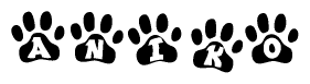 The image shows a series of animal paw prints arranged in a horizontal line. Each paw print contains a letter, and together they spell out the word Aniko.