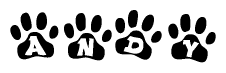 The image shows a series of animal paw prints arranged in a horizontal line. Each paw print contains a letter, and together they spell out the word Andy.