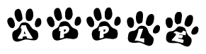 The image shows a series of animal paw prints arranged horizontally. Within each paw print, there's a letter; together they spell Apple