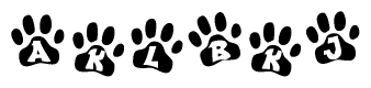 The image shows a series of animal paw prints arranged horizontally. Within each paw print, there's a letter; together they spell Aklbkj