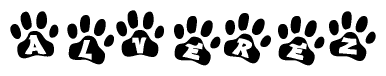 The image shows a series of animal paw prints arranged in a horizontal line. Each paw print contains a letter, and together they spell out the word Alverez.