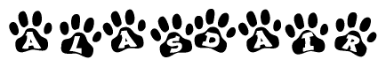 The image shows a row of animal paw prints, each containing a letter. The letters spell out the word Alasdair within the paw prints.
