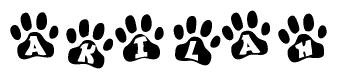 The image shows a series of animal paw prints arranged in a horizontal line. Each paw print contains a letter, and together they spell out the word Akilah.