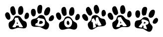 The image shows a series of animal paw prints arranged in a horizontal line. Each paw print contains a letter, and together they spell out the word Adomar.
