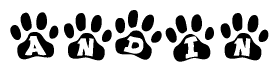 The image shows a series of animal paw prints arranged in a horizontal line. Each paw print contains a letter, and together they spell out the word Andin.