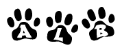 The image shows a row of animal paw prints, each containing a letter. The letters spell out the word Alb within the paw prints.