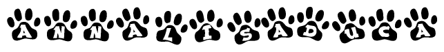 The image shows a series of animal paw prints arranged horizontally. Within each paw print, there's a letter; together they spell Annalisaduca