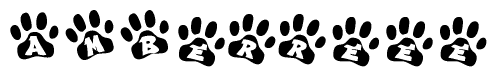 The image shows a series of animal paw prints arranged horizontally. Within each paw print, there's a letter; together they spell Amberreee