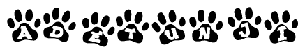 The image shows a series of animal paw prints arranged horizontally. Within each paw print, there's a letter; together they spell Adetunji