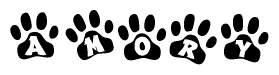 The image shows a row of animal paw prints, each containing a letter. The letters spell out the word Amory within the paw prints.