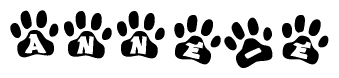 The image shows a series of animal paw prints arranged in a horizontal line. Each paw print contains a letter, and together they spell out the word Anne-e.