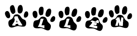 The image shows a series of animal paw prints arranged horizontally. Within each paw print, there's a letter; together they spell Allen