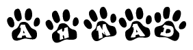 The image shows a series of animal paw prints arranged horizontally. Within each paw print, there's a letter; together they spell Ahmad