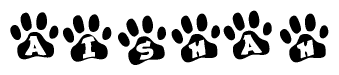 The image shows a series of animal paw prints arranged horizontally. Within each paw print, there's a letter; together they spell Aishah