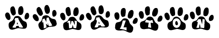 The image shows a series of animal paw prints arranged in a horizontal line. Each paw print contains a letter, and together they spell out the word Amwalton.