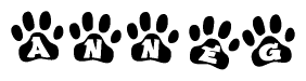 The image shows a series of animal paw prints arranged horizontally. Within each paw print, there's a letter; together they spell Anneg