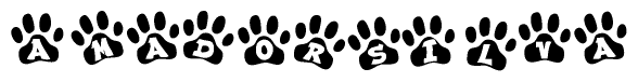 The image shows a series of animal paw prints arranged in a horizontal line. Each paw print contains a letter, and together they spell out the word Amadorsilva.