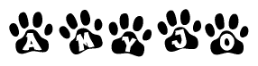The image shows a series of animal paw prints arranged in a horizontal line. Each paw print contains a letter, and together they spell out the word Amyjo.