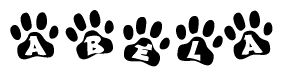 The image shows a series of animal paw prints arranged in a horizontal line. Each paw print contains a letter, and together they spell out the word Abela.
