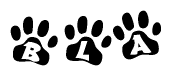 The image shows a series of animal paw prints arranged horizontally. Within each paw print, there's a letter; together they spell Bla