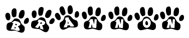 The image shows a series of animal paw prints arranged in a horizontal line. Each paw print contains a letter, and together they spell out the word Brannon.