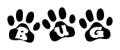 The image shows a series of animal paw prints arranged horizontally. Within each paw print, there's a letter; together they spell Bug